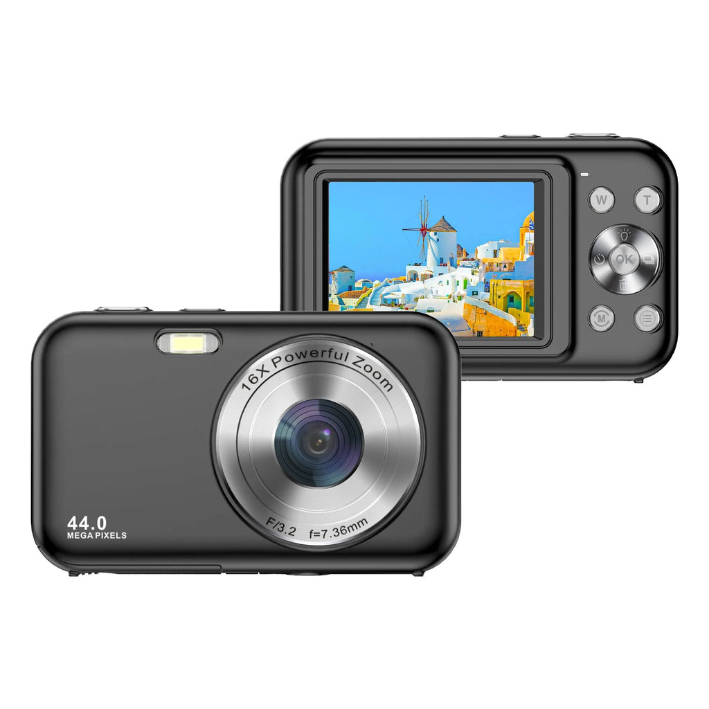 Colourful children's digital compact camera with 2.4-inch screen shown in pink.