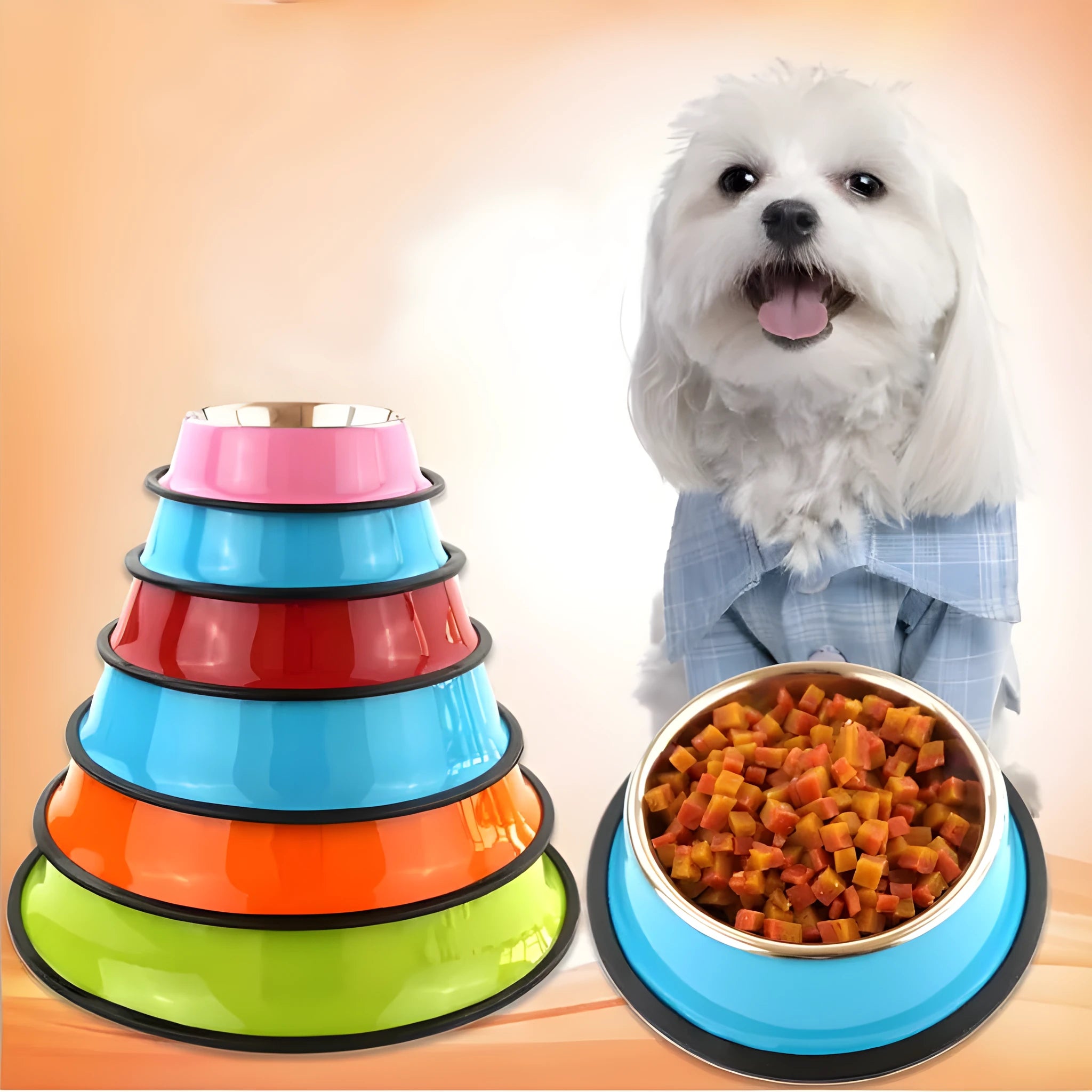Stainless steel and colourful melamine dual pet bowl with non-slip base for food and water feeding