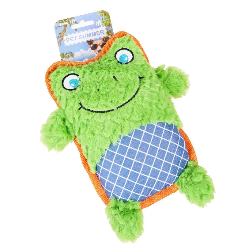 Blue, green, and pink dog toys with sound features and bite-resistant construction safe for molar teeth.