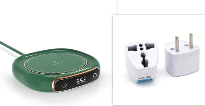 White USB coffee mug warmer plate on wooden desk with measurement showing 130x110mm dimensions