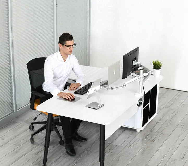 Silver foldable aluminium phone tablet holder on desk showing 360° rotation