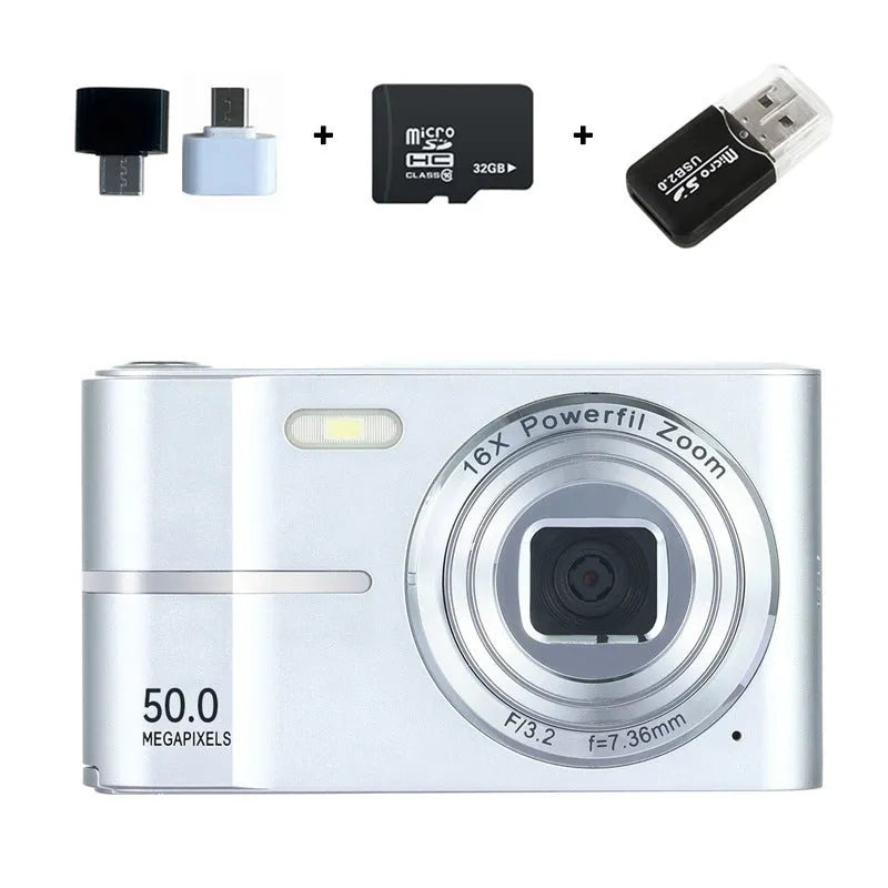 Compact HD 4K digital student camera in black, green, pink, or white with a lanyard and charging cable.