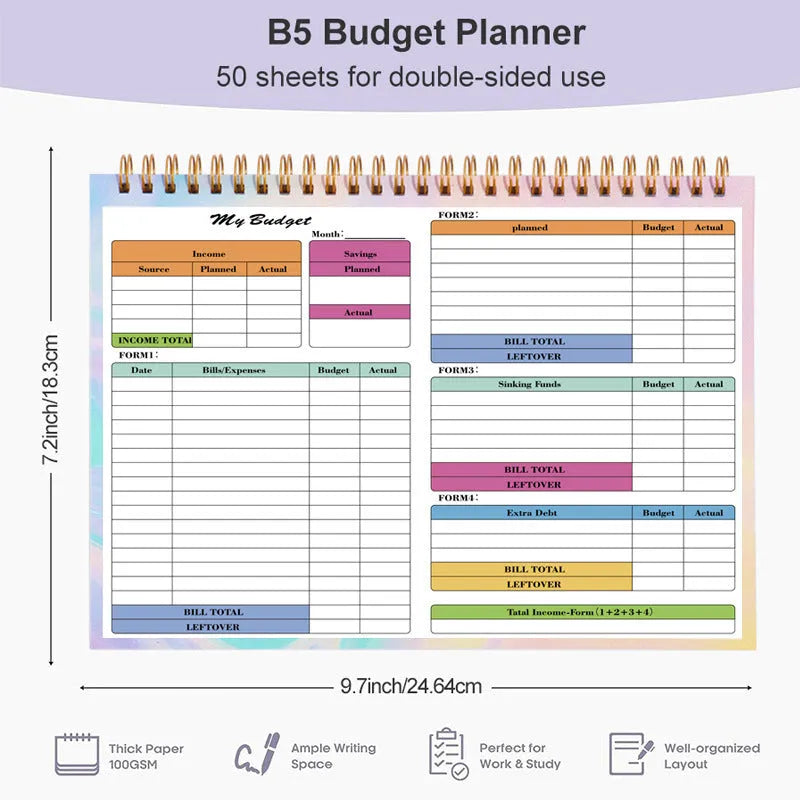 Blue B5 budget tally book with spiral binding, shown open on a table.