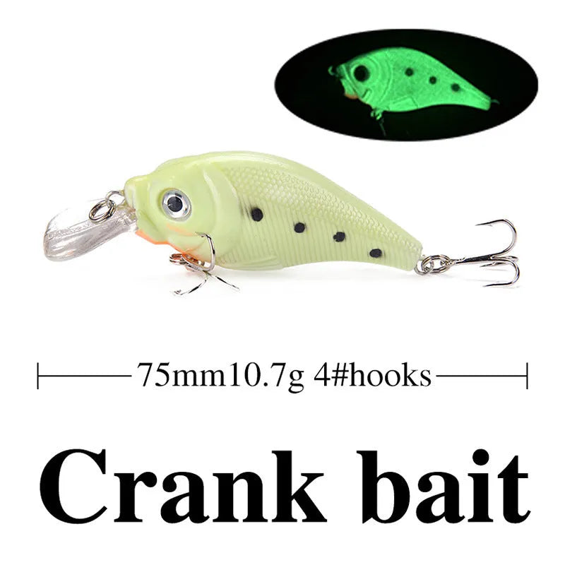 Set of five 3D fluorescent submerged luminous hard bait fishing lures in various colours.