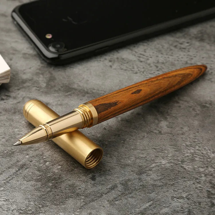 Brass sandalwood signature pen with solid wood barrel measuring 14cm long