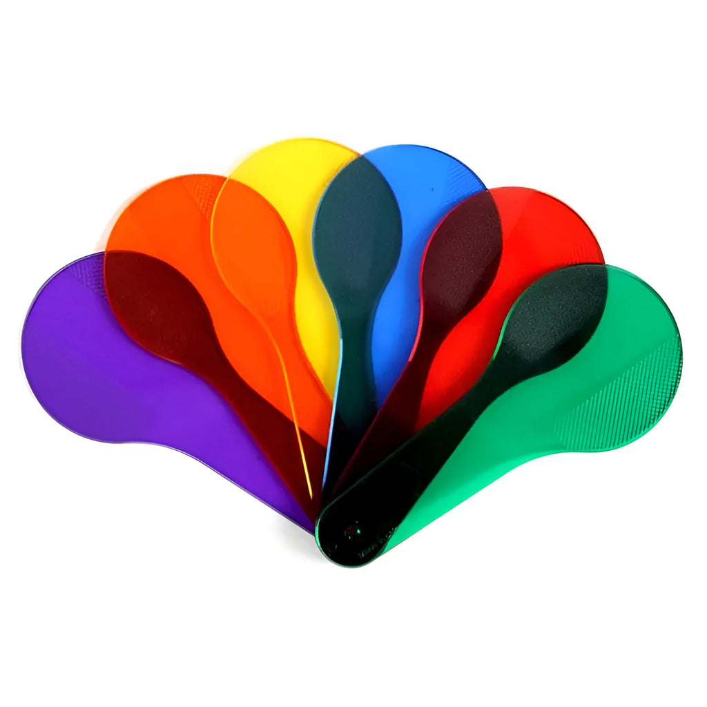 Six colourful PVC learning boards for children, showing red, yellow, blue, green, orange, and purple.