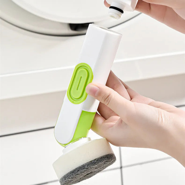 Long-handle kitchen cleaning brush with liquid dispenser and two brush heads in white and green
