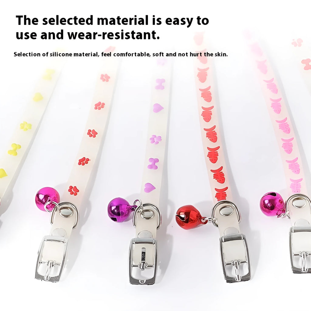 Luminous cat collar with adjustable silicone strap and metal bell in one of four patterns