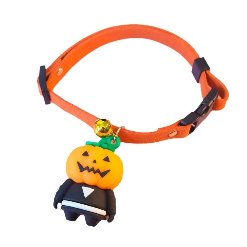 Halloween dog collar decoration in cartoon pumpkin or luminous designs on an adjustable polyester collar.