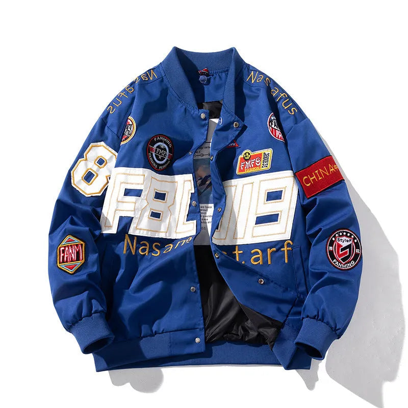 American motorcycle baseball uniform jacket with removable hood options in black red blue colours