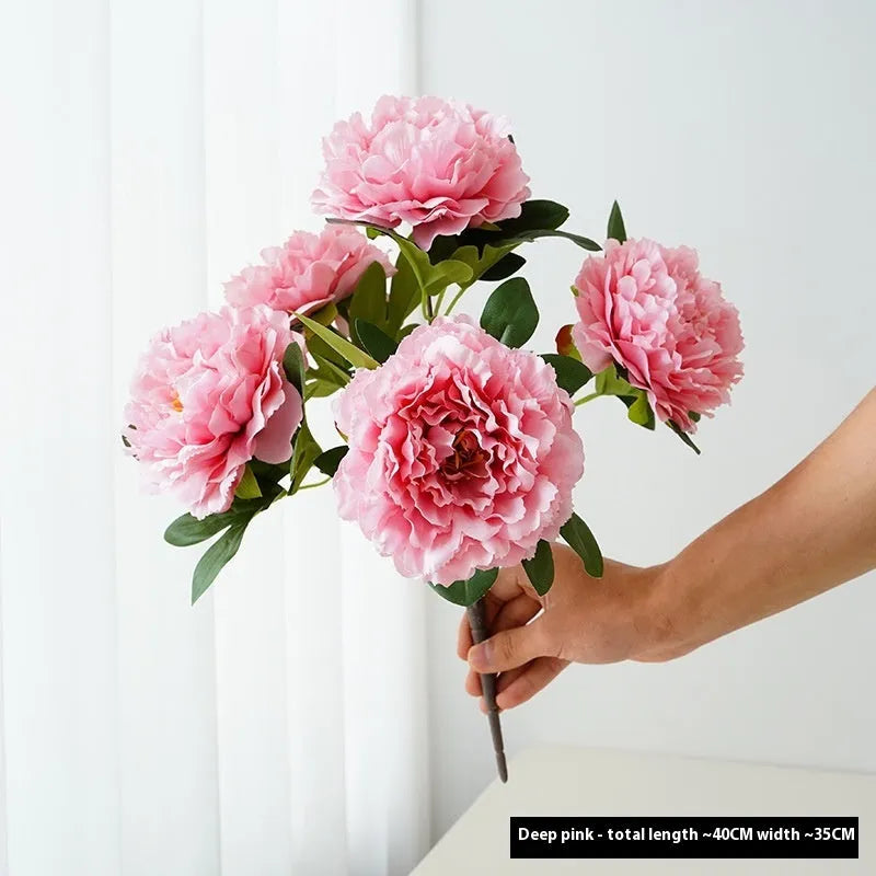Artificial peony 5-head bouquet in light champagne, 40cm tall silk flower arrangement