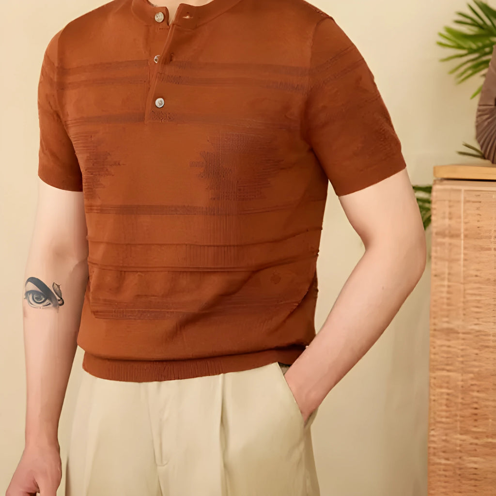 American retro knitted Henley shirt slim-fit short sleeve cotton Lyocell blend in off-white
