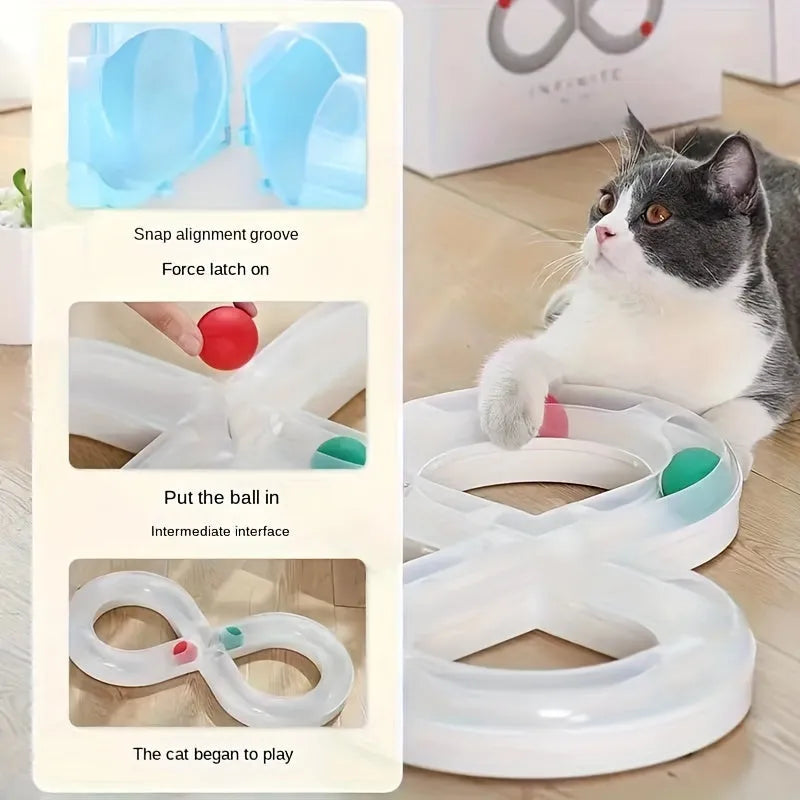 Blue and white cat turntable track toy with ball and teasing stick