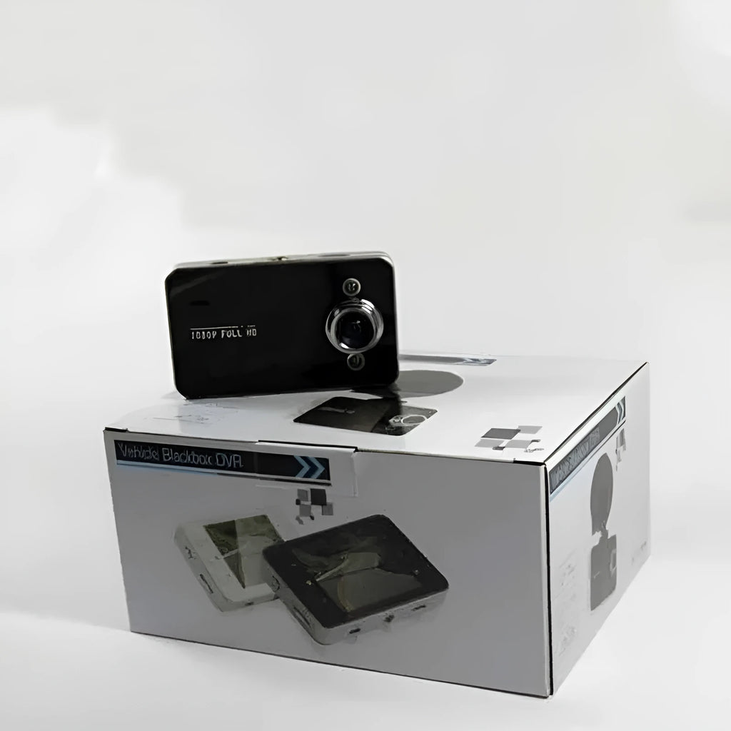 K6000 black driving recorder with 120 degree wide angle lens mounted on front windshield
