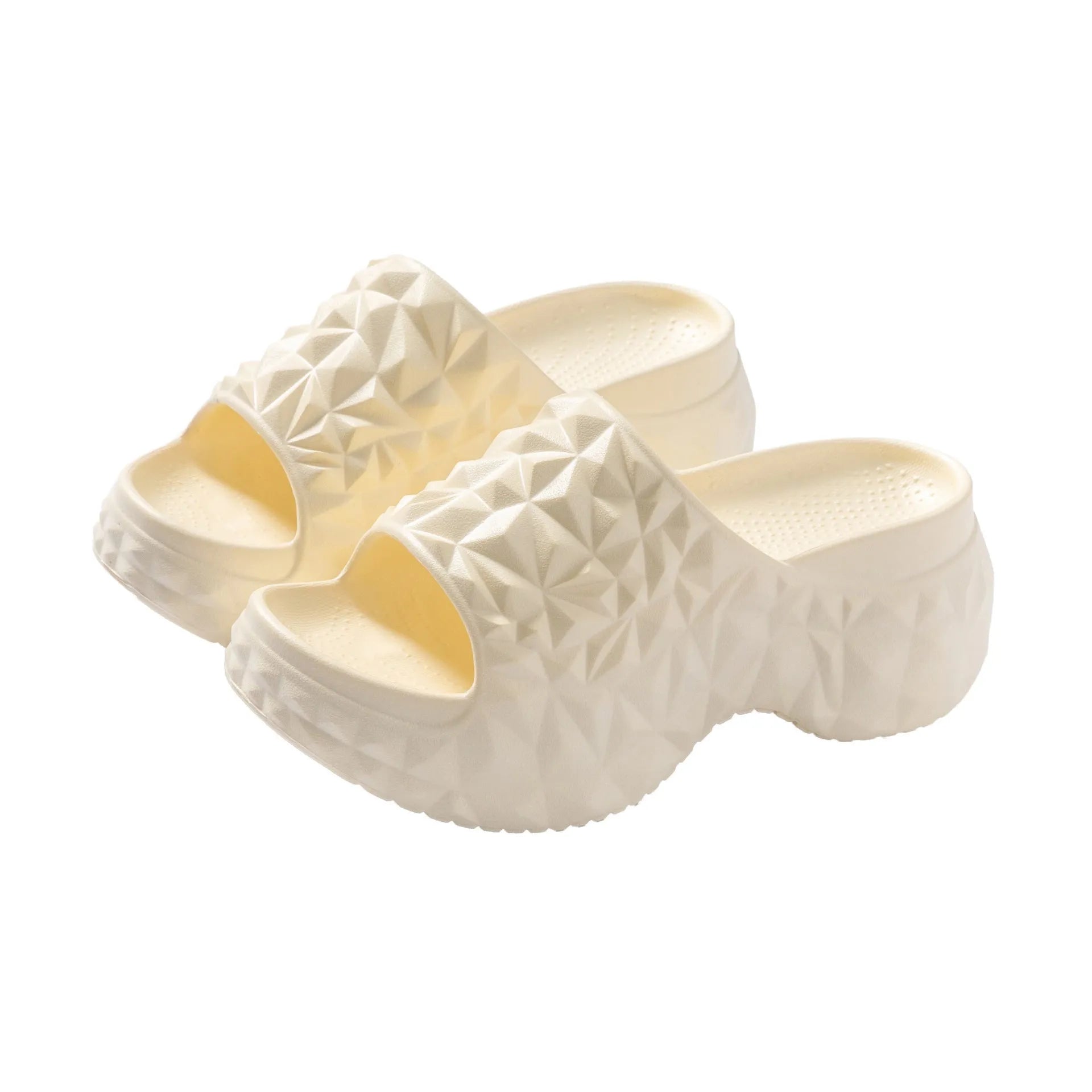 Women's high heel flip flop slippers with a thick EVA sole in khaki, black, and white colour options.