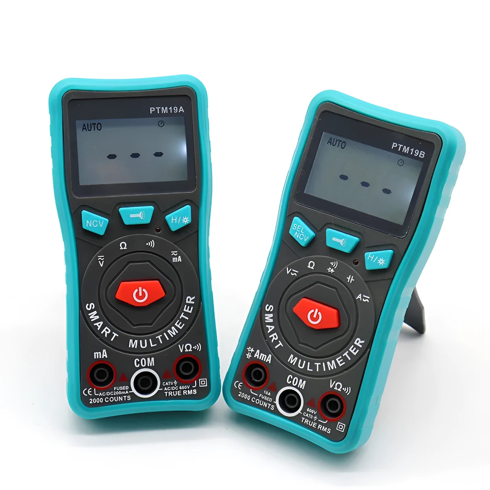 Green automatic digital multimeter with LED display on a dark surface.