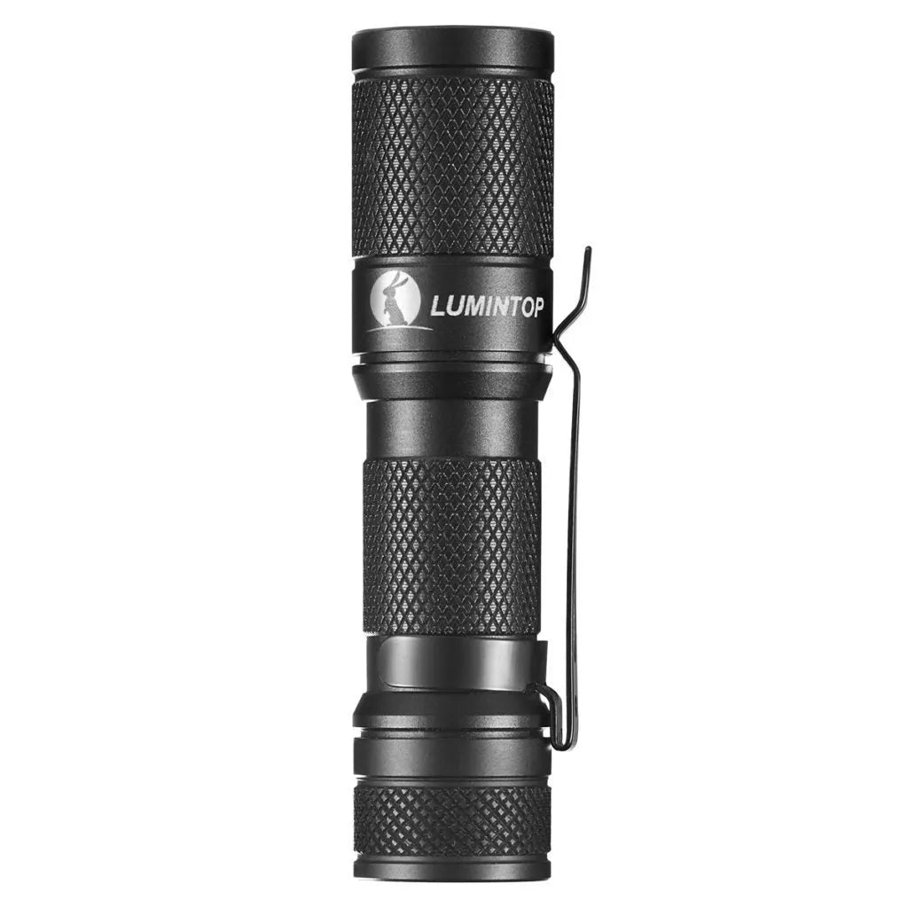 Lumintop Tool AA 2.0 black aluminium flashlight with magnetic tail cap and included accessories