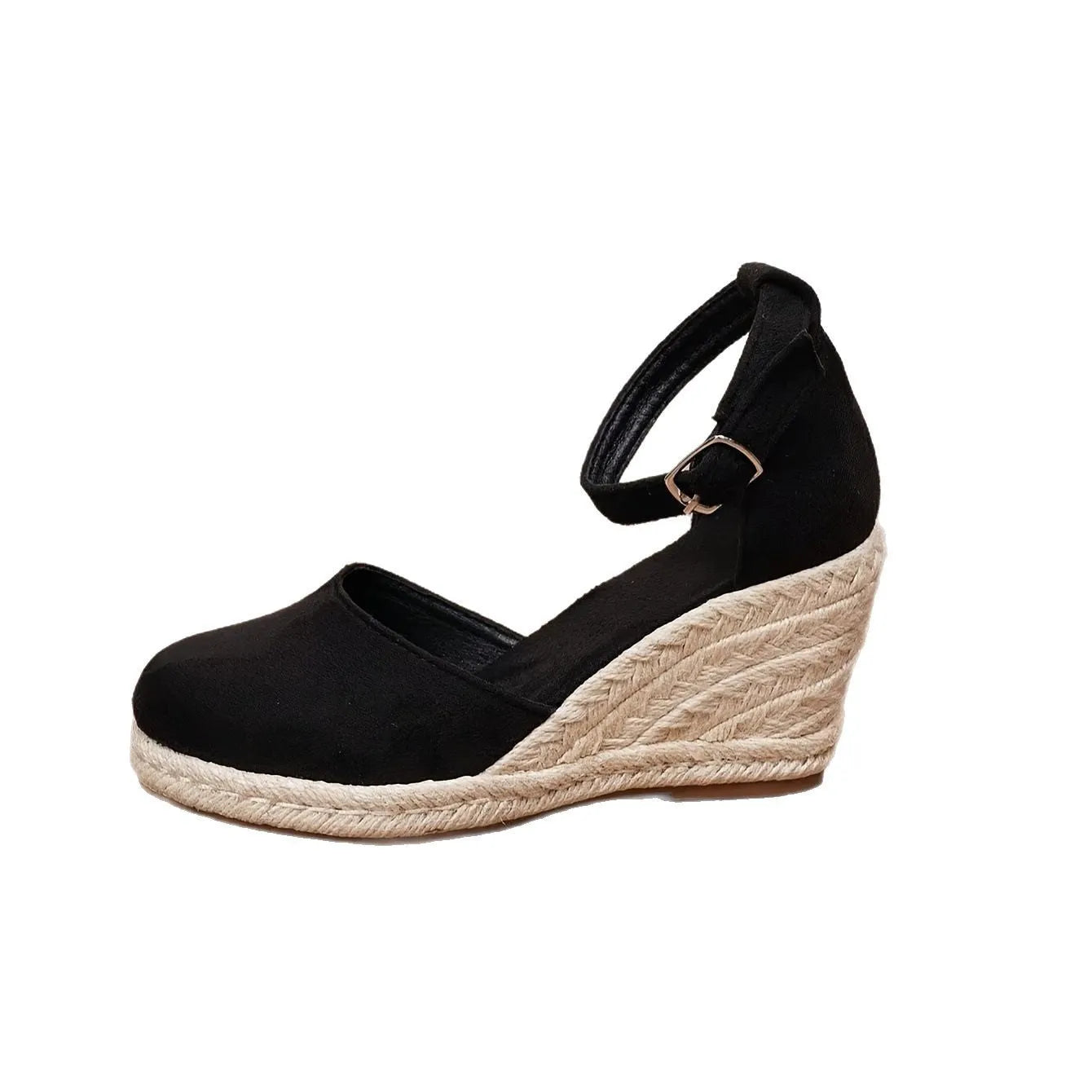 Women's apricot suede wedge sandals with an adjustable ankle buckle and rubber sole.