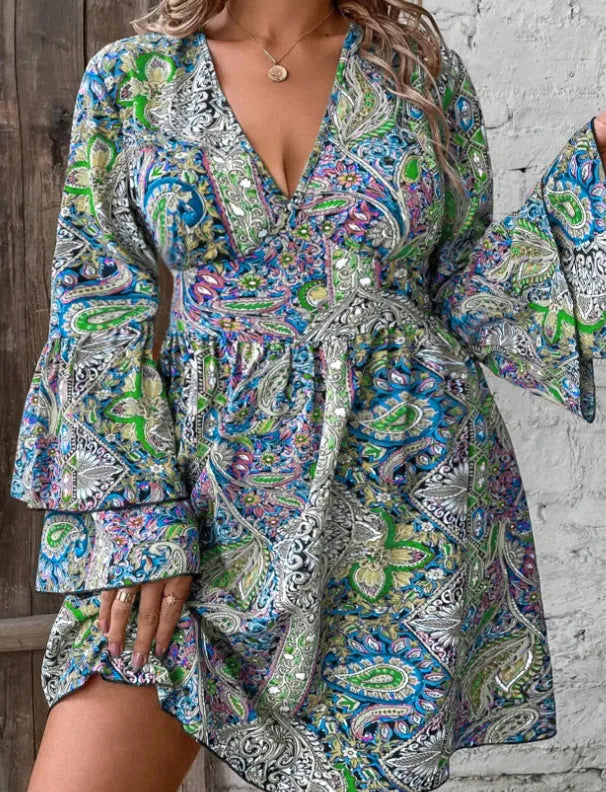 Plus size printed V-neck dress with bell sleeves and A-line skirt in red, yellow, or green