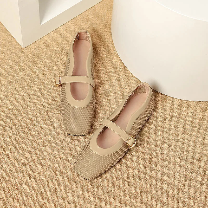 Women's beige mesh pumps with a square toe, buckle fastening, and a low flat heel.