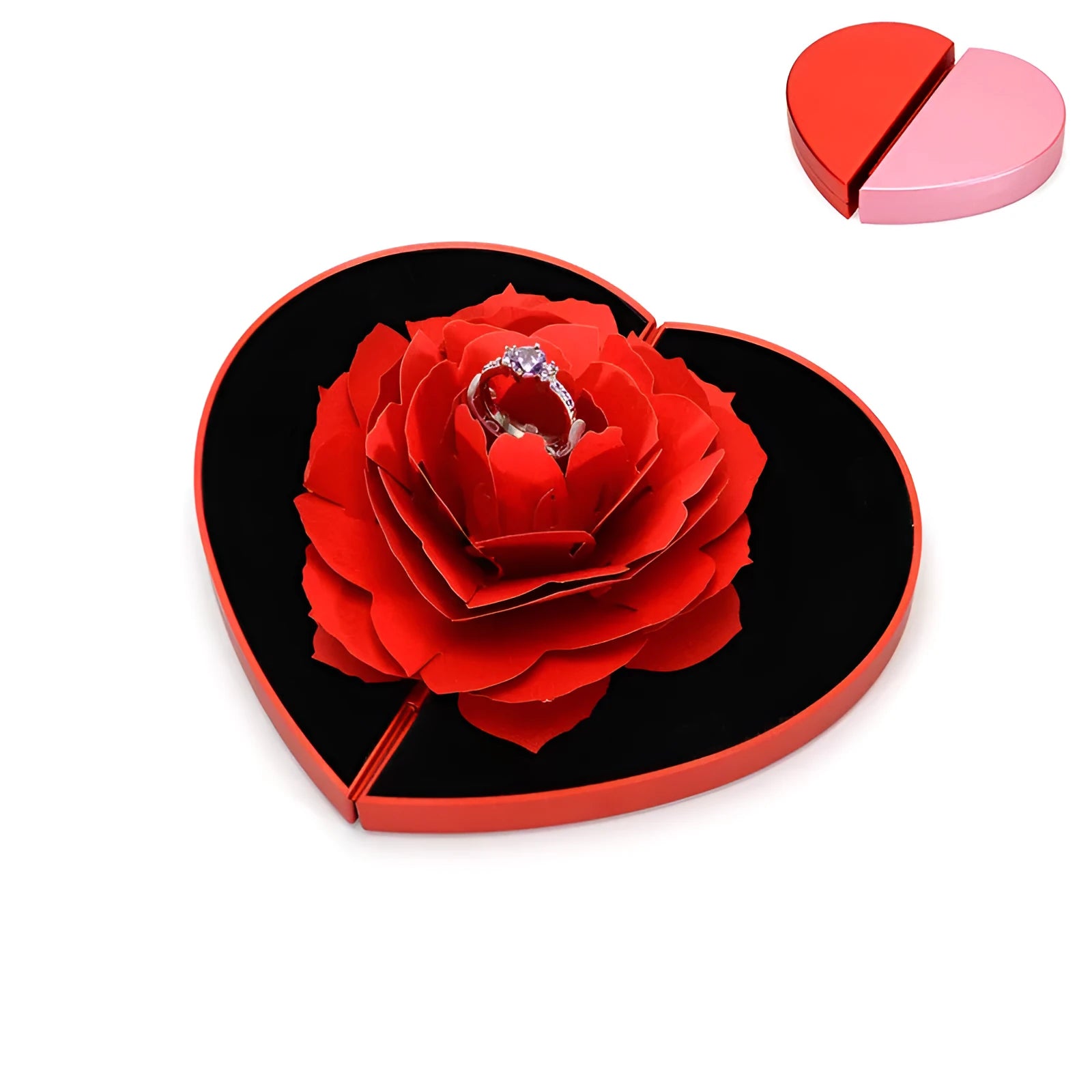 Red heart-shaped rotating ring box with 3D white rose decoration on top.