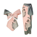Women's pink polyester conjoined bikini set with matching skirt for swimming and wading