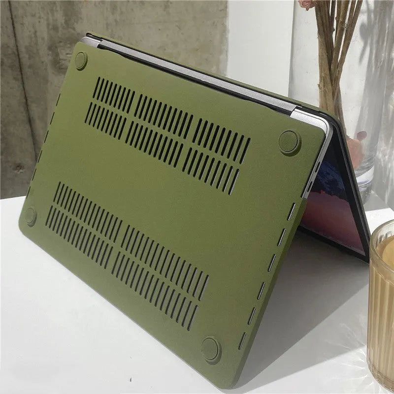 Army green quicksand hard plastic MacBook protective shell for Apple MacBook Pro and Air models.