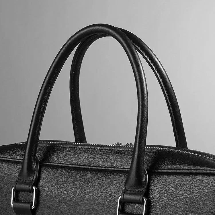 Men's black real-leather handbag with double zipper, 14 inch, first layer cowhide, nylon lining, for business travel