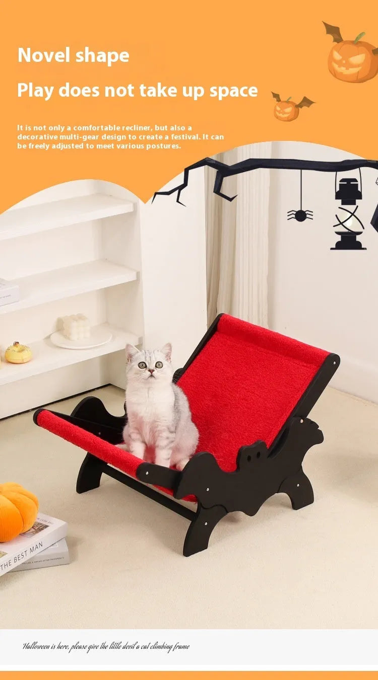 Black and red Halloween bat-themed wooden cat recliner bed with cage design and included lounge chair.