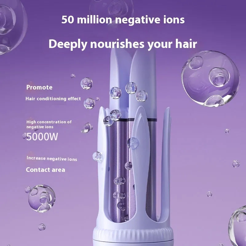 Light purple automatic hair curler with 32mm anion barrel, three clips, and a comb on a white background.