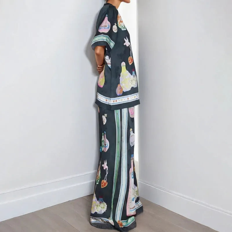 Black women's cardigan and trousers set with cartoon animation print