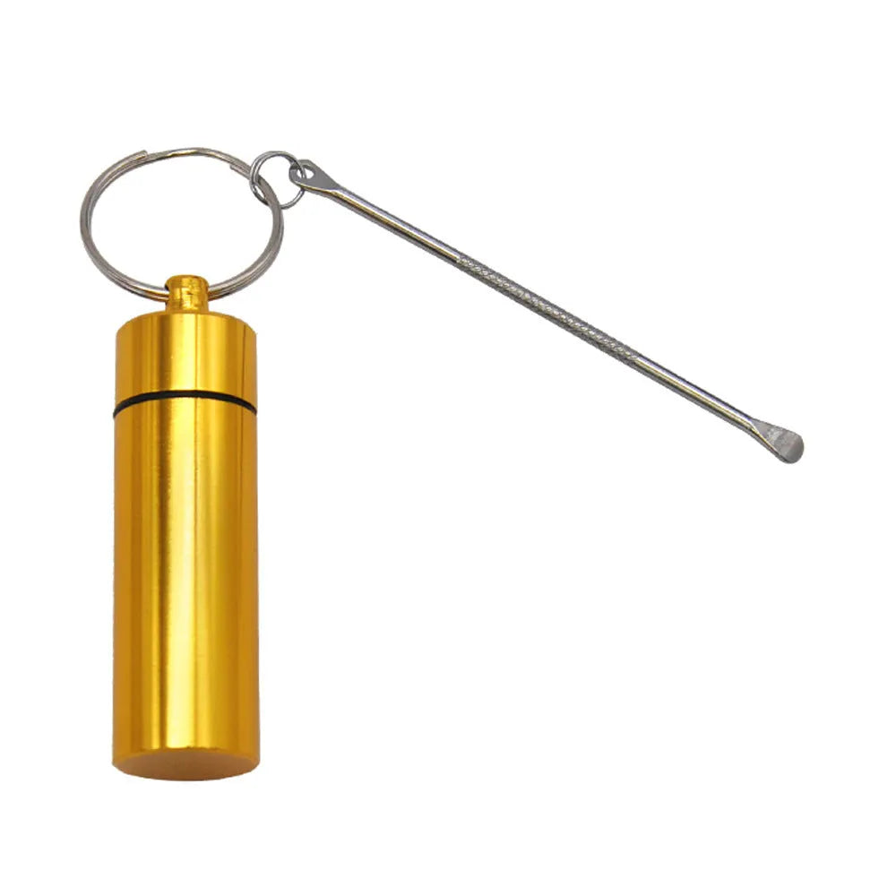 Aluminium portable pill box with spoon and keychain in five colour options