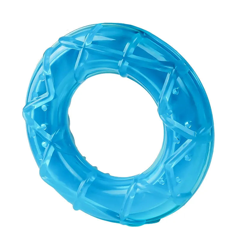 Blue and pink dog cooling toy set with water-filled pacifier, popsicle and ring toys