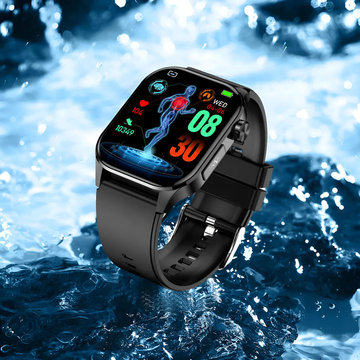 ET580 smart watch on a wrist displaying step count with black band, Bluetooth calling and health sensors highlighted