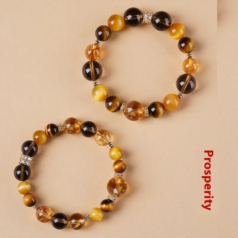 Natural yellow tiger-eye crystal bracelet with geometric tower design and 10MM beads