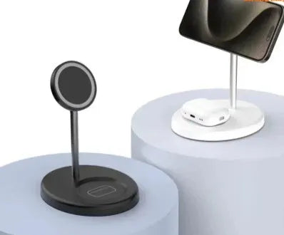 F179-White and F179-Black 30W vertical wireless fast charging stands with a cooling hole.
