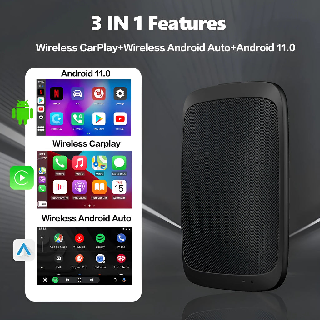 Black Carplay Box for Android 11 with 9-inch touch screen, showing Type-C port and compact 80mm size.