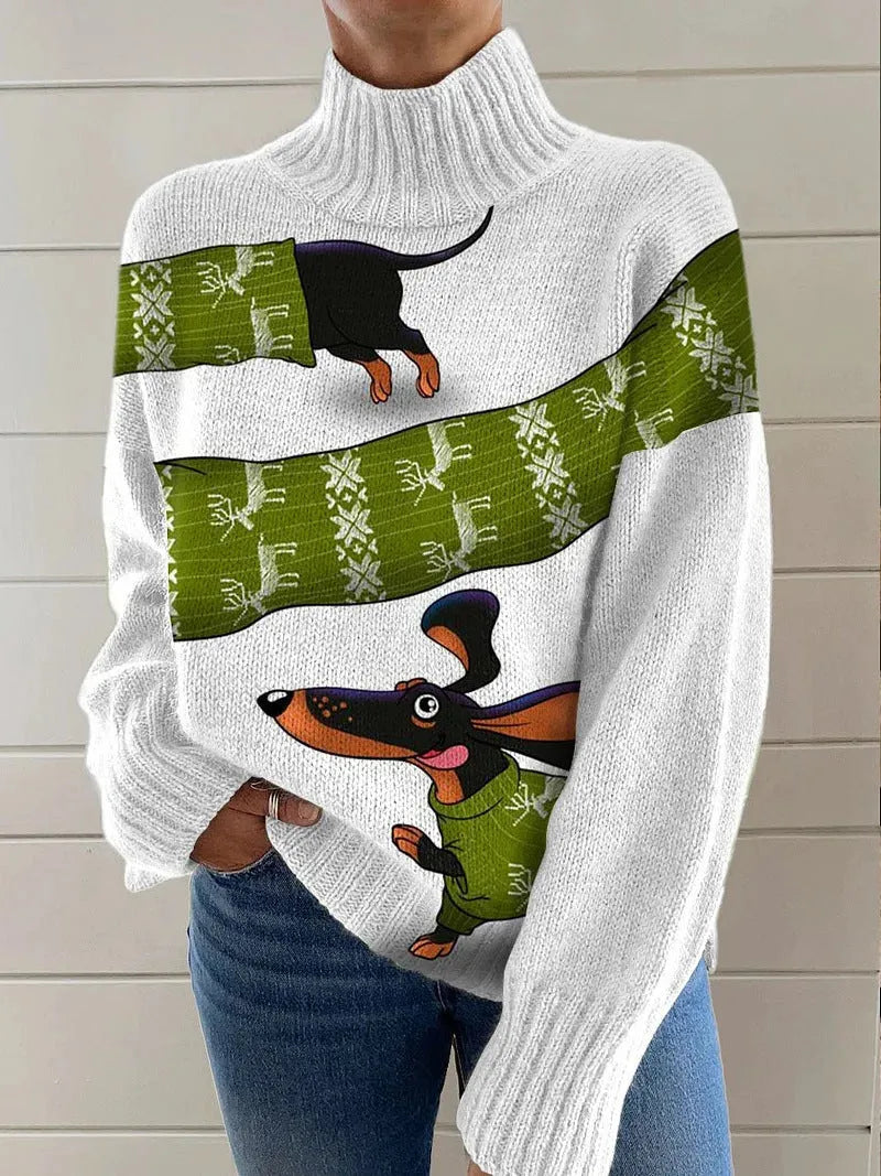 Women's loose-fit Christmas printed turtleneck sweater in macaron colours