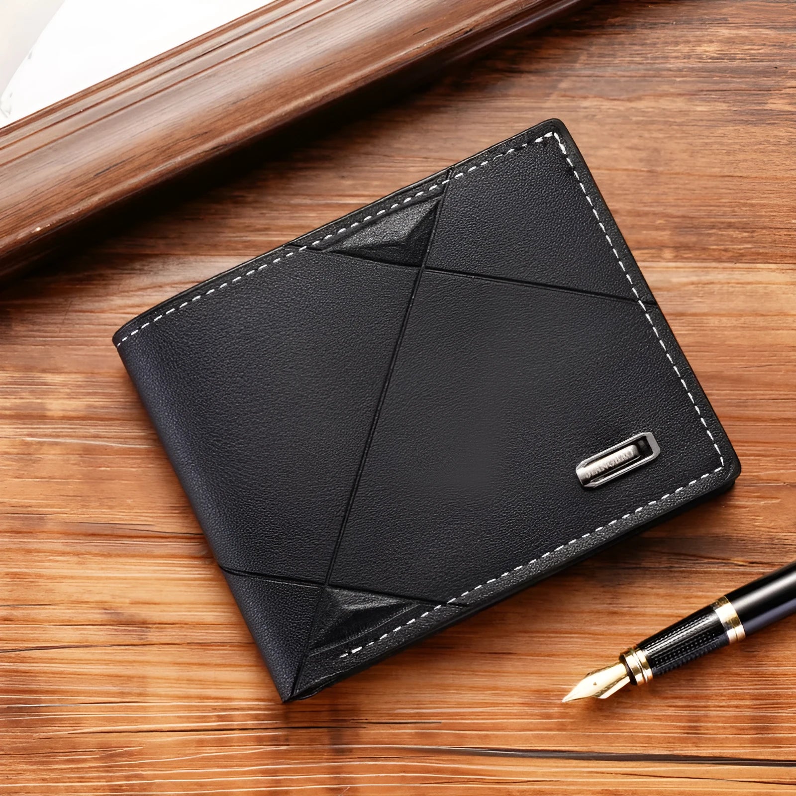 Men's thin three-fold horizontal wallet showing multiple card slots in soft PU leather