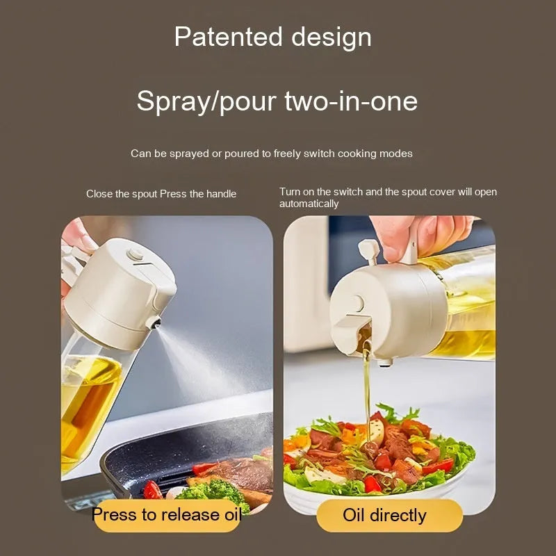 470ml glass oil sprayer dispenser with ergonomic handle in beige, black, green, or yellow colour
