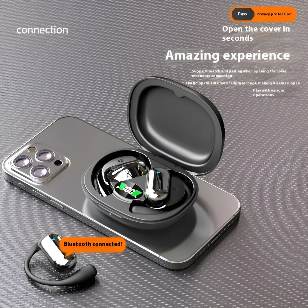 Black open ear Bluetooth headset with ear hook and digital display on charging case