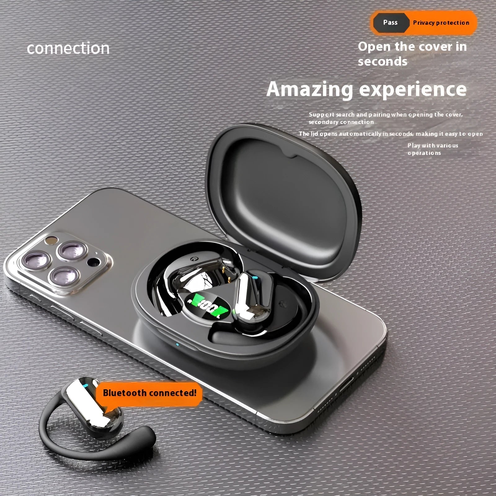 Black open ear Bluetooth headset with ear hook and digital display on charging case