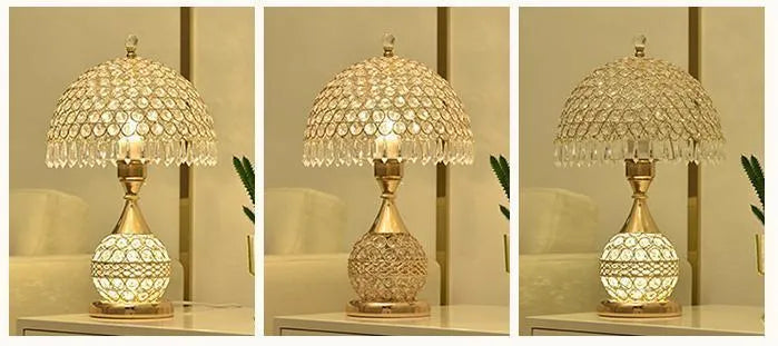 Gold crystal desk lamp with geometric design and iron art base on wooden surface
