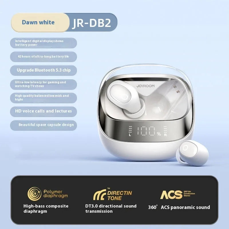 Beige wireless in-ear Bluetooth headphones and charging case on a table with USB-C cable.