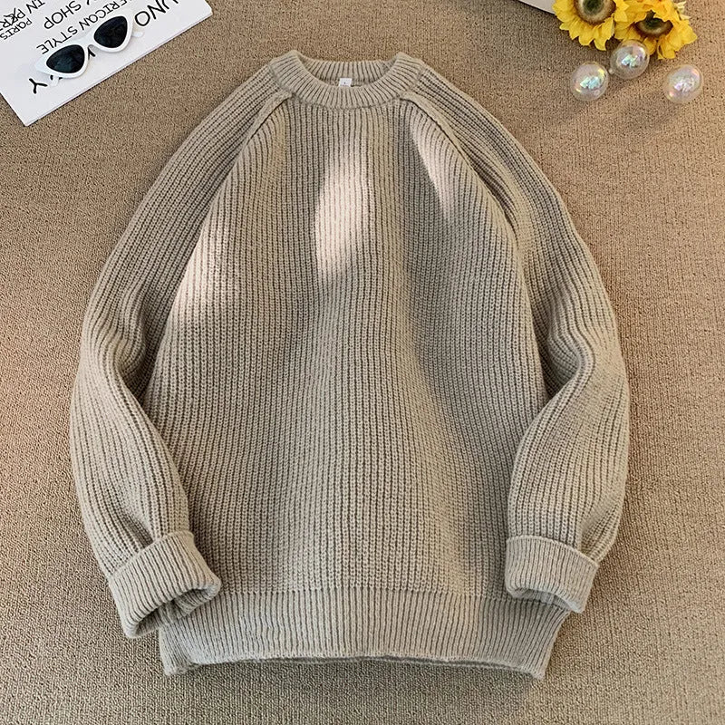 Men's loose fit plain pullover sweater with long sleeves in black, brown or greige, sizes M to XXL