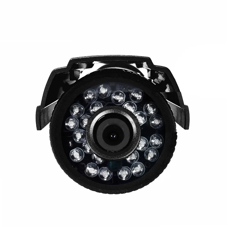 Black HD waterproof CCTV camera with infrared LEDs for night vision.