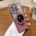 Gradient glitter phone case for iPhone with a built-in flip-out makeup mirror on a stand.