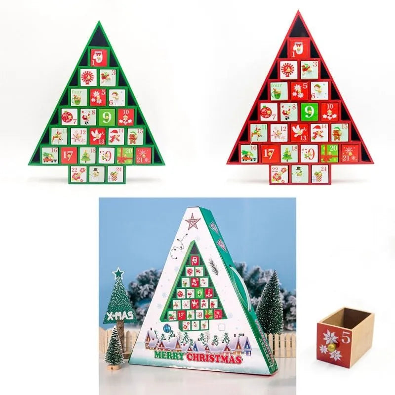 Wooden Christmas calendar with 24 red and green compartments for advent countdown, 37x32x6 cm