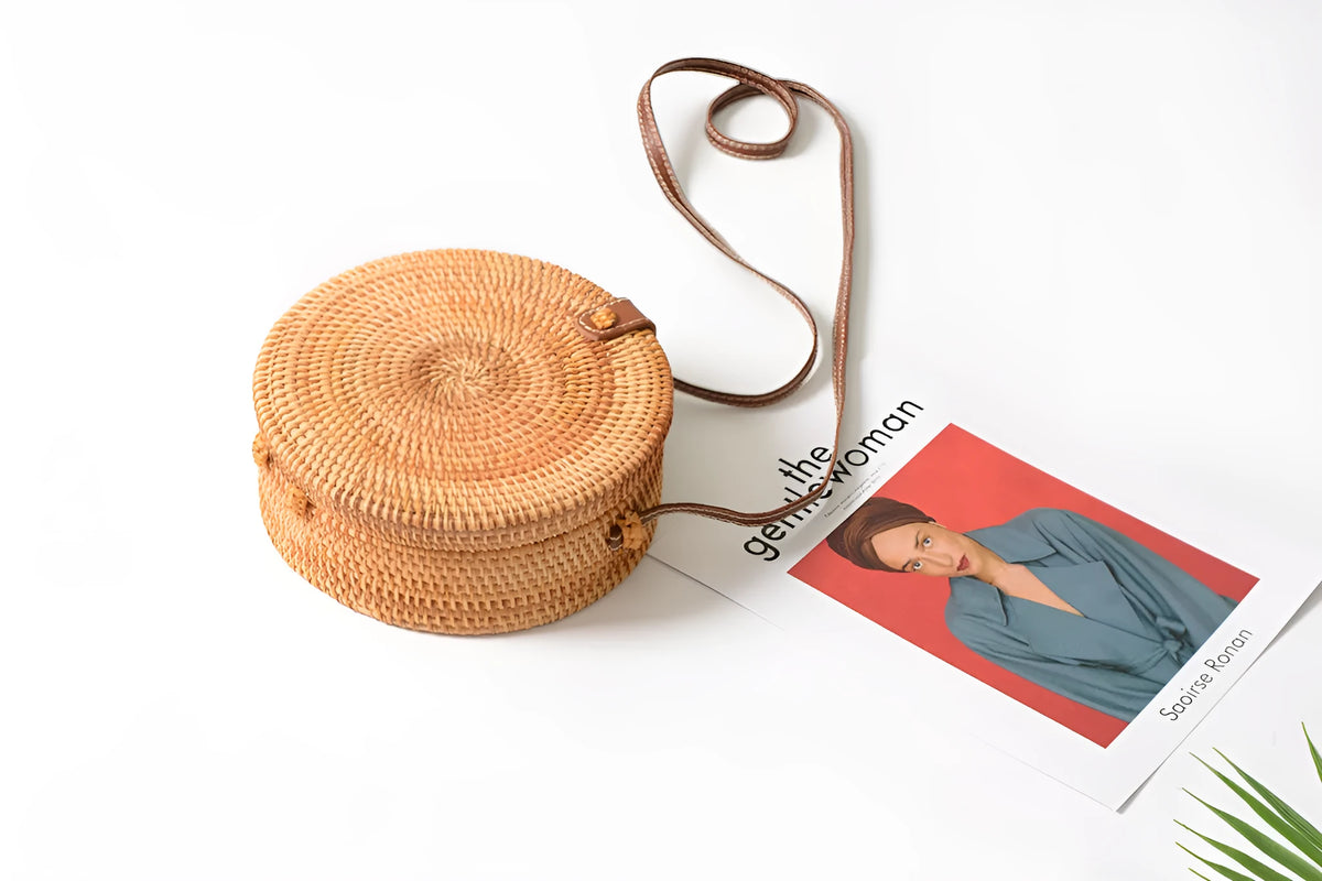 Handmade round bohemian straw crossbody bag with leather strap for summer