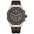 Men's waterproof quartz watch showing three strap options: blue silicone, rose gold edged black steel, and all black steel